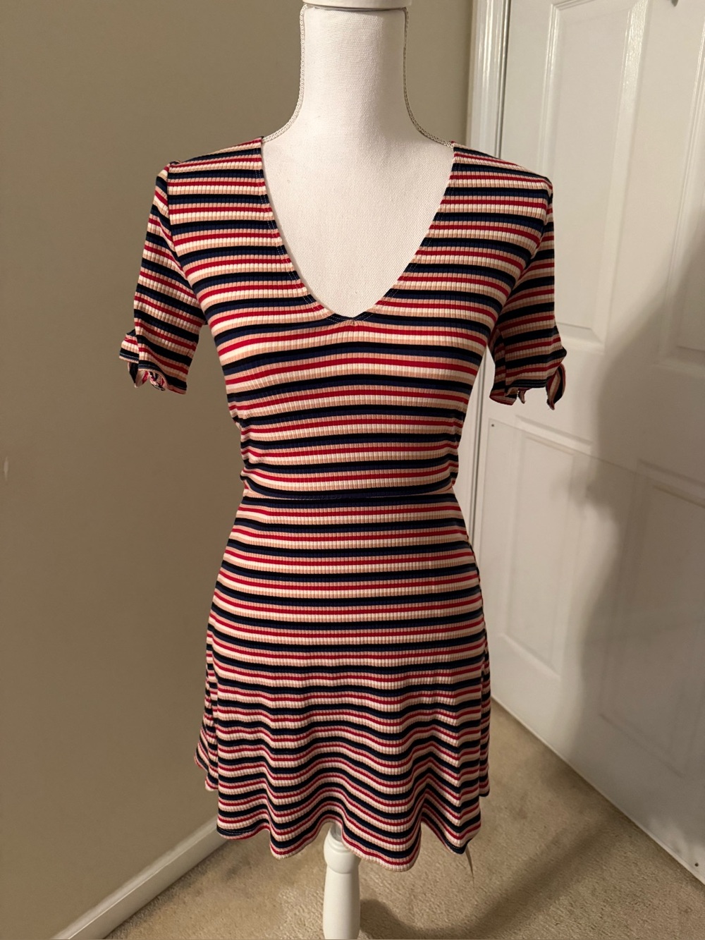 Striped V-Neck Short Sleeve Dress in Navy, Red & Cream, Reformation Medium